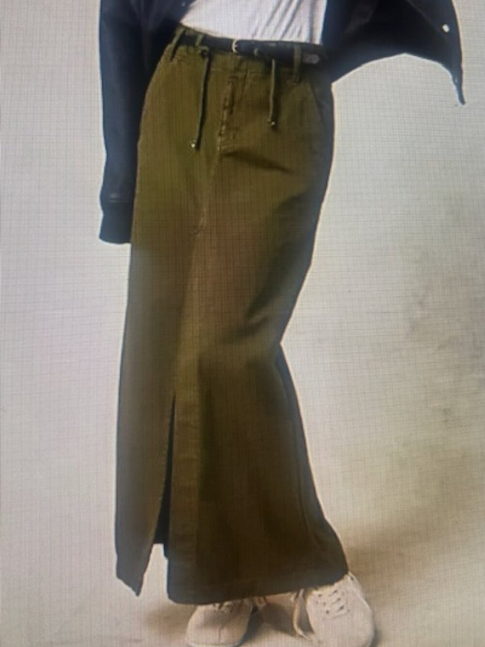 Free People Chino Tie Waist Pocket Slit Front Green Khaki Cotton Maxi Skirt